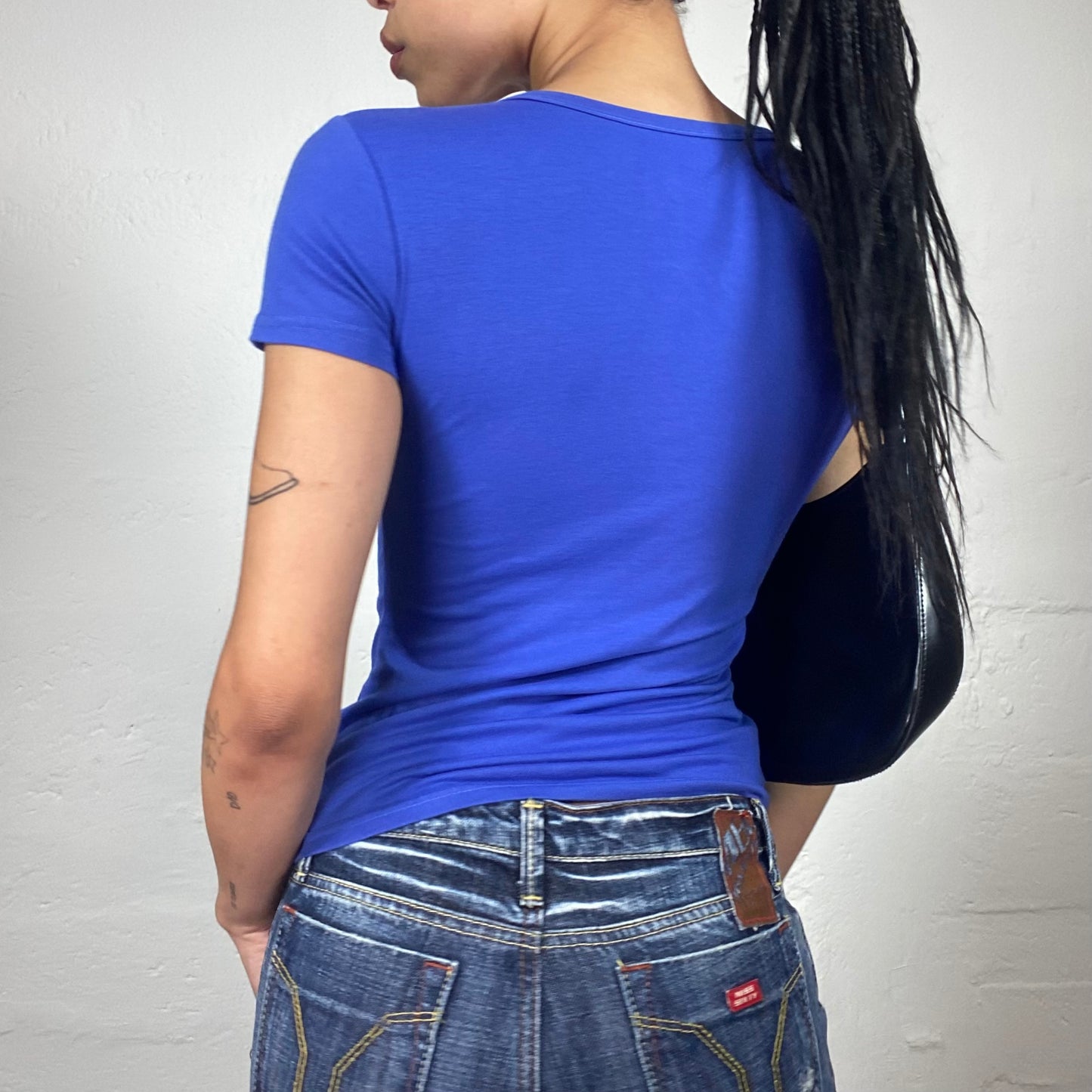 Vintage 2000's Skater Girl Metalic Blue Baby Tee with Futuristic Print (S)