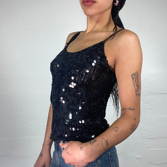 Vintage 2000's Clubwear Black Disco Sequin Covered Cami Top (L)