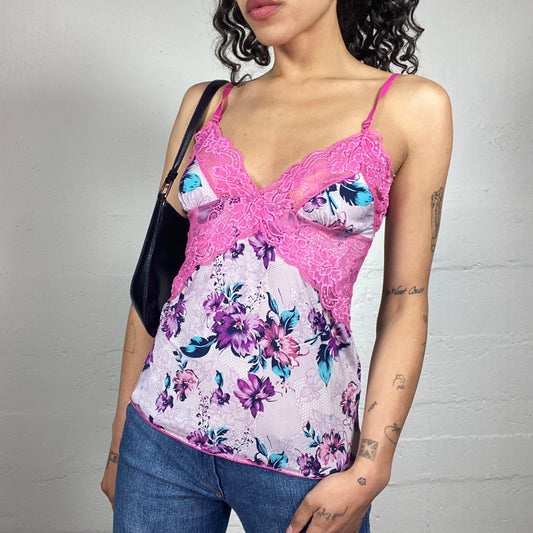 Vintage 2000's Romantic Soft Girl Floral Print Pink Lace Bra Decoration Cami Top (L/XL)