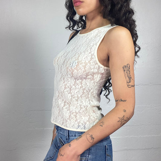 Vintage 2000's Romantic White Lace Fabric Tank Top (M)