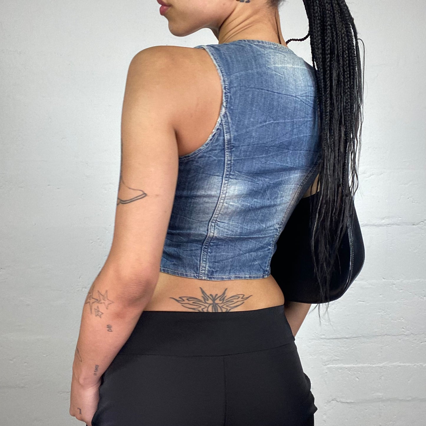 Vintage 2000's Hip-Hop Blue Denim Button Up Cropped Vest Top (XS)