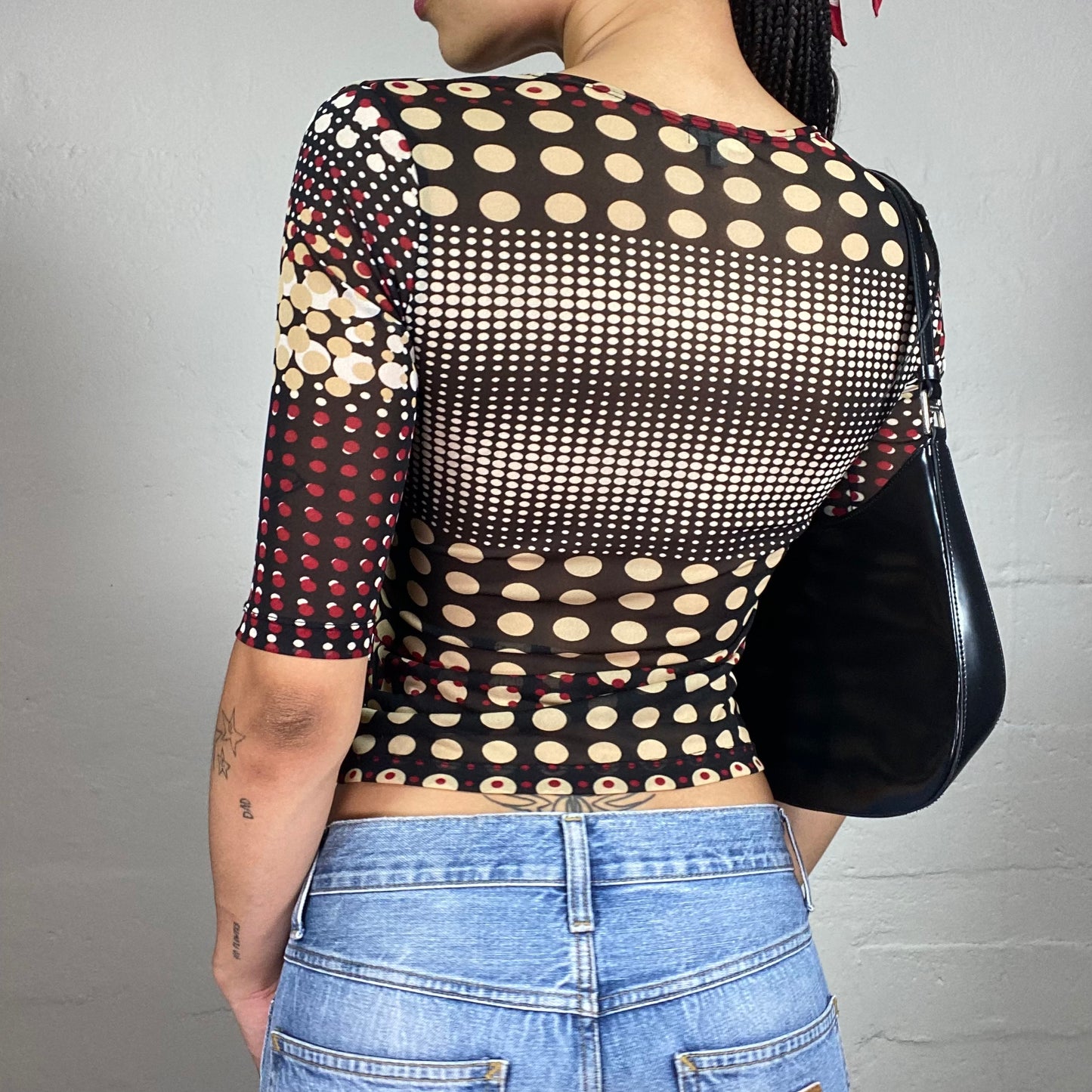 Vintage 2000's Pop Brown and Beige Toned Polka Dot Print Top with Red Accent (S)