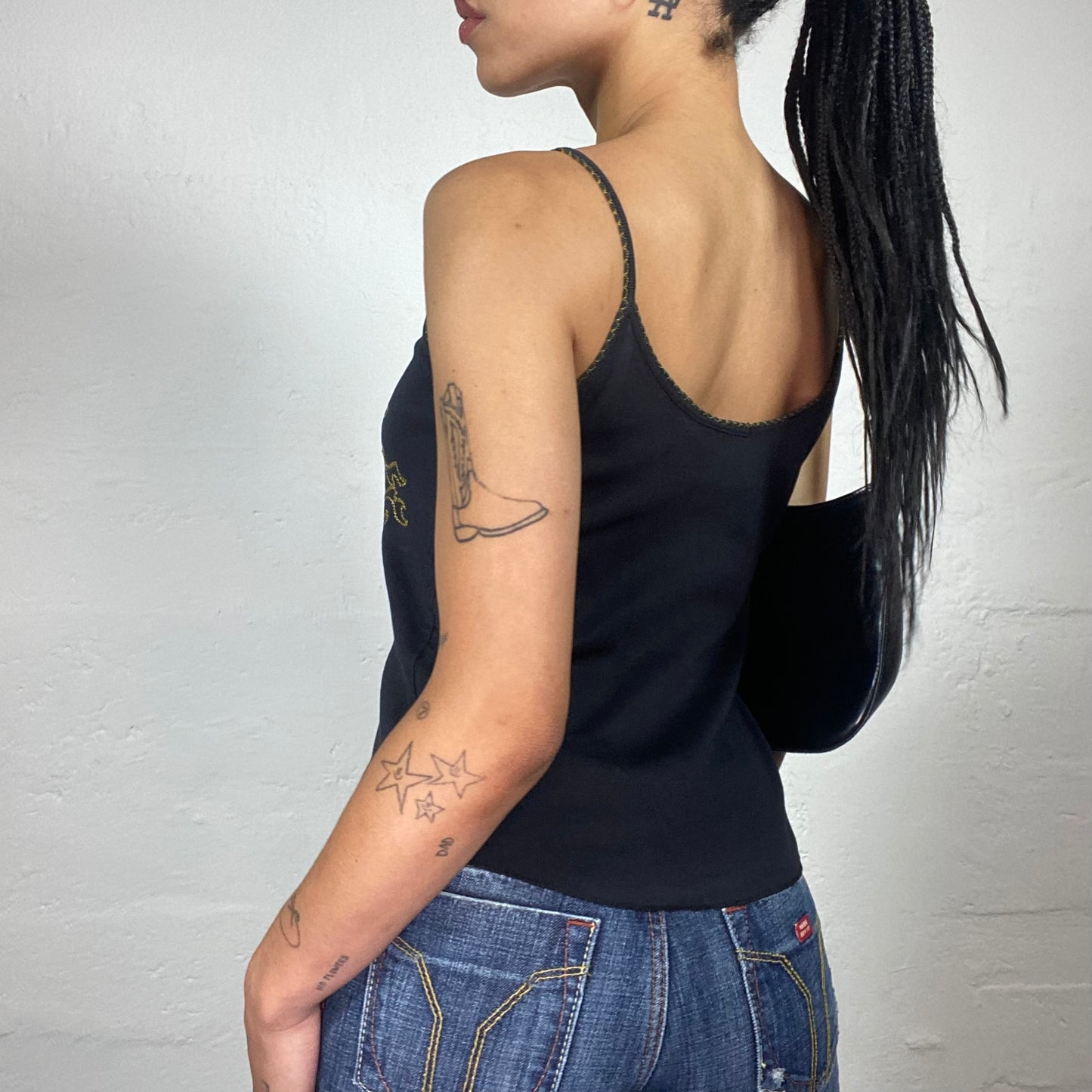 Vintage 2000's Downtown Girl Black Cami Top with Gold Abstract Print and Pink Rhinestone Heart Embroidery (L)
