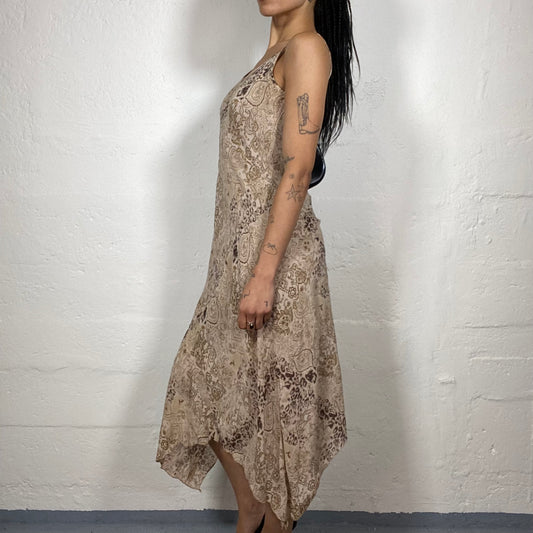 Vintage 2000's Boho Girl Coffee Cream Asymmetric Maxi Cami Dress with Brown Abstract Print (M)