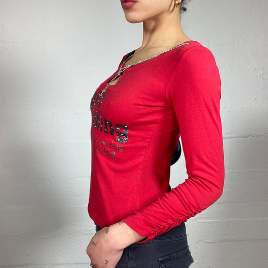 Vintage 2000's Gothic Red Printed Longsleeve Top with Back Lace Cross Detail (S)