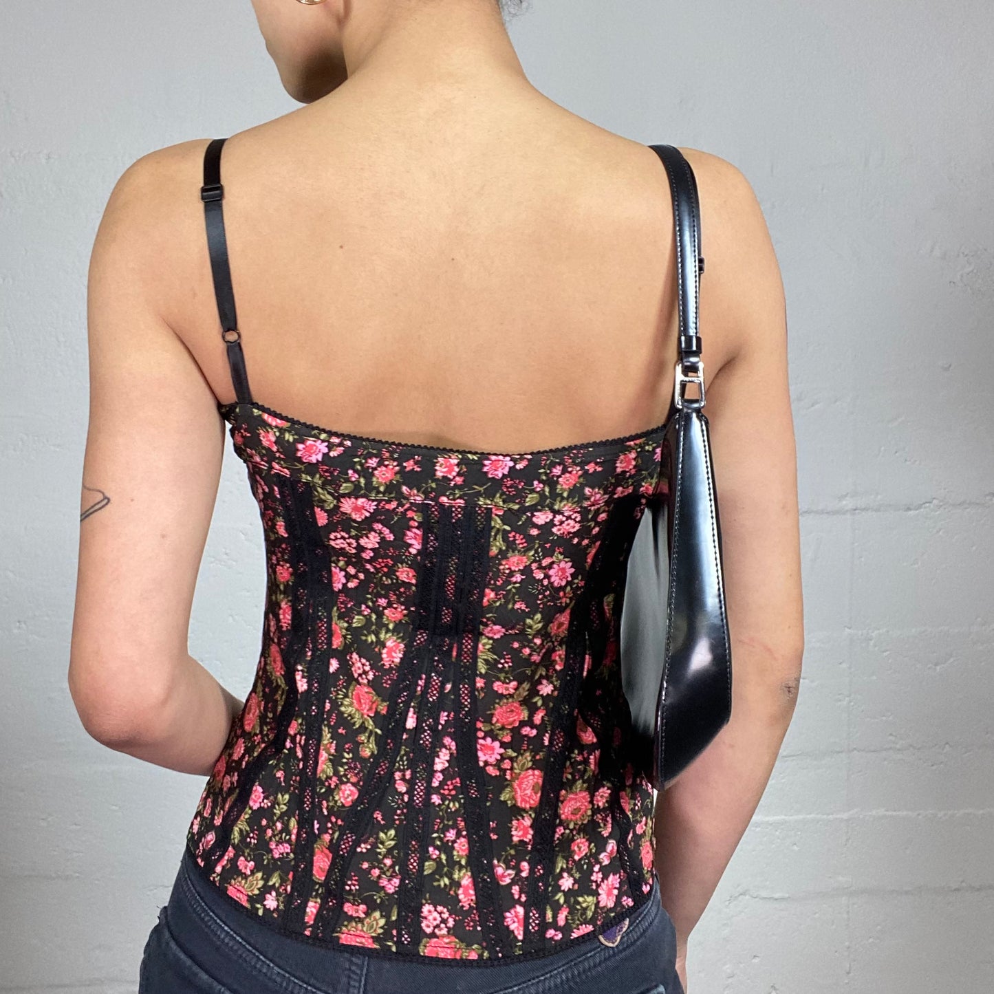 Vintage 2000's Soft Girl Black Corset Style Top with Pink Floral Print (S)