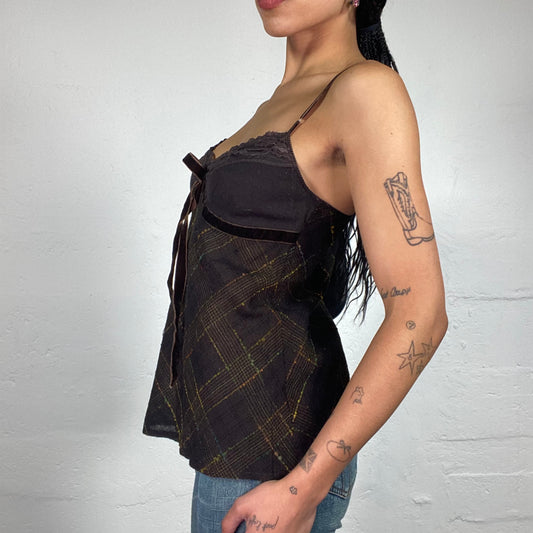 Vintage 2000's Soft Girl Brown Checkered Long Cami Top with Velour Ribbon Detail (S)