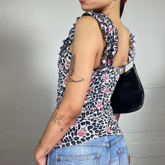 Vintage 2000's Romantic Animal Print Ruffled Decorated Cami Top with Pink Flowers Details (S)