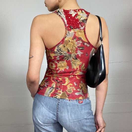 Vintage 2000's Summer Clubwear Red Sequins Covered Tank Top with Floral Pattern (S)