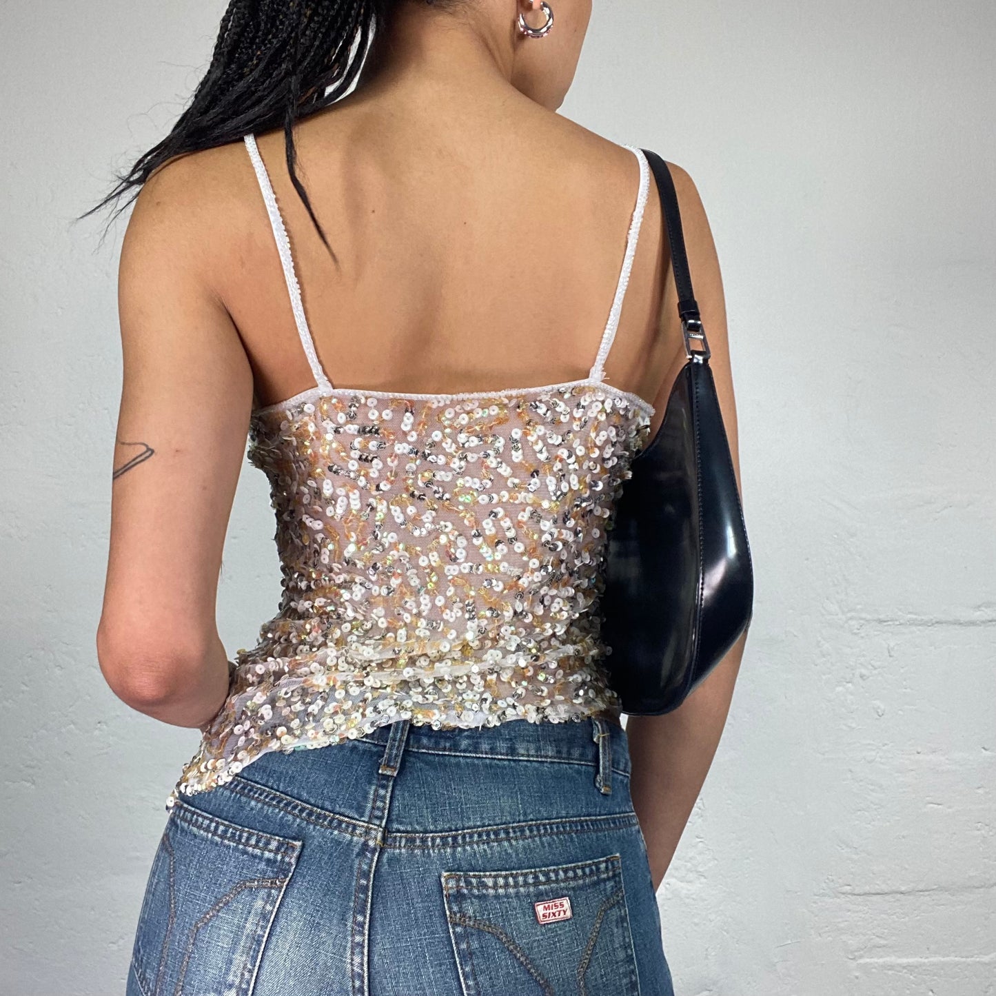 Vintage 2000's Downtown Girl White Asymmetric See Through Cami Top with Sequin Embroidery (S)