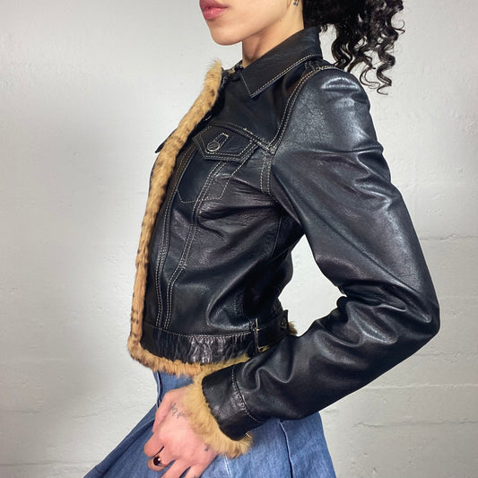 Vintage 2000's Downtown Girl Glossy Black Leather Jacket with Fur Details (M)