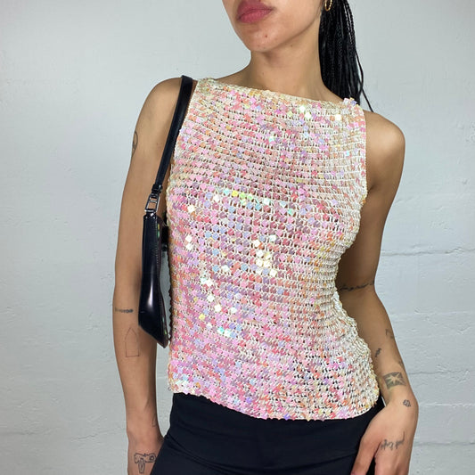 Vintage 2000's Mermaid Style Net Knit White Tank Top with Pink Toned Sequins (M)