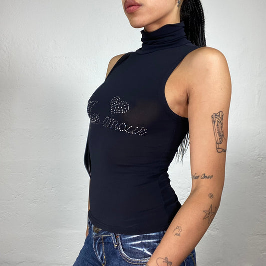 Vintage 2000’s Glamorous Black Sleeveless Turtleneck Top with Rhinestone Embroidered Typo Print (S)