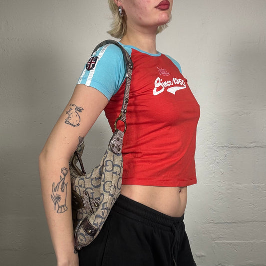 Vintage 2000's Downtown Girl Baby Blue and Red Baby Tee with White Print (M)