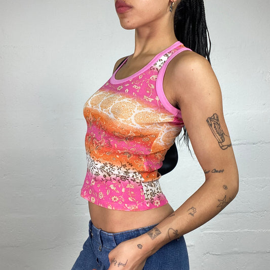 Vintage 2000's Summer Boho Pink and Orange Floral Print Tank Top (S)