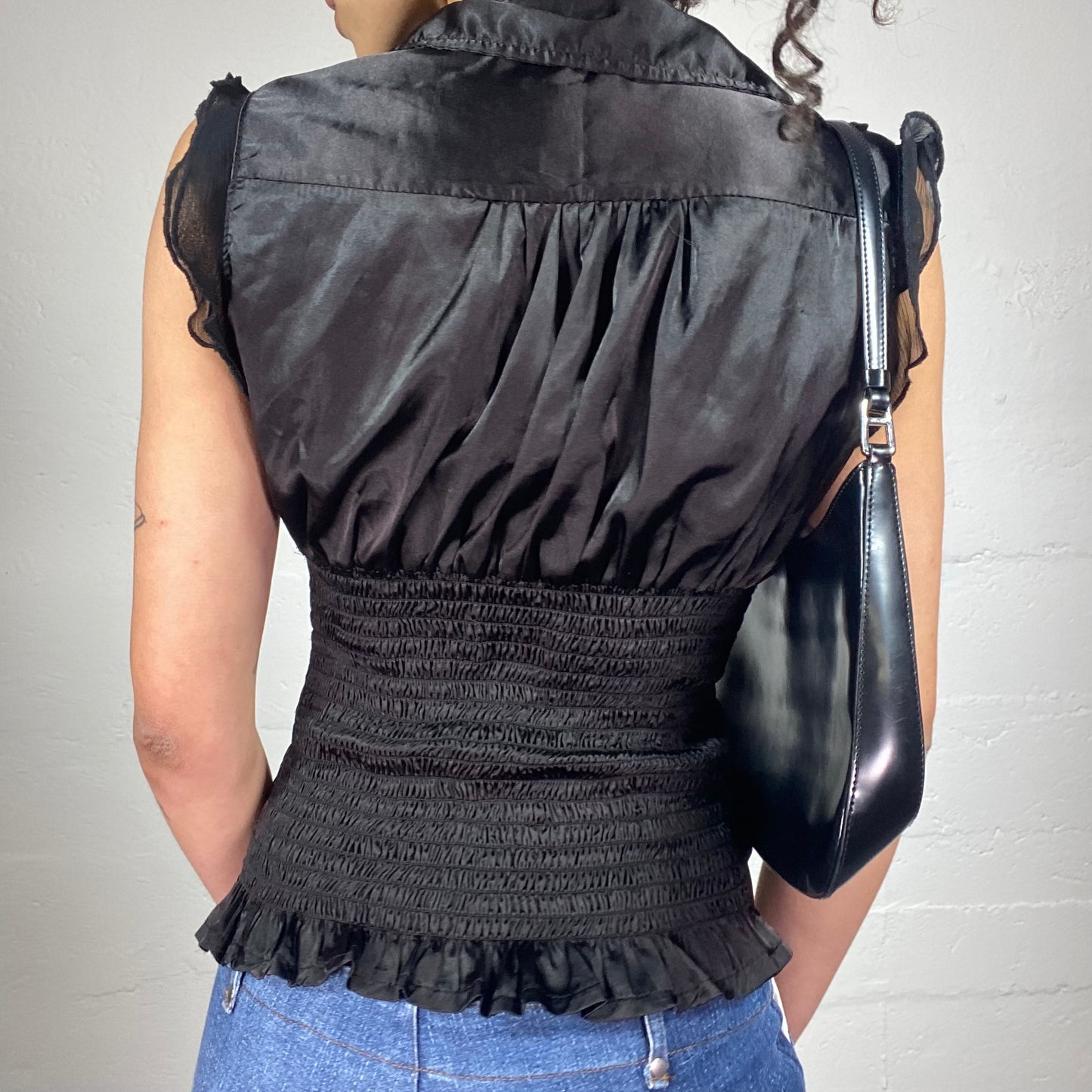 Vintage 2000's Dark Coquette Satin Black Sleeveless Button Up Shirt with Side Ruffles (S)