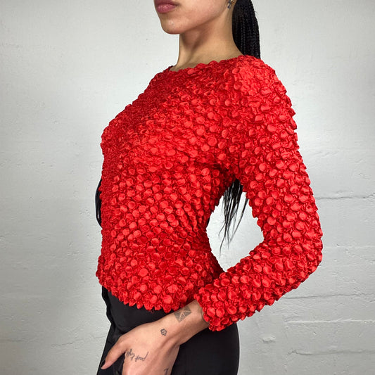 Vintage 2000's Sunday Date Rose Red 3/4 Sleeved 3D Textured Top (S)