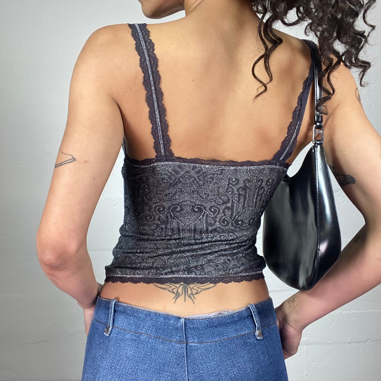 Vintage 2000's Boho Black Printed Cami Top with Tiny Ribbon Detail (XS)