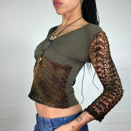 Vintage 2000's Boho Girl Khaki Green and Brown Fade 3/4 Sleeve Cropped V-Cut Top with Net Crochet Details (S)