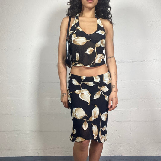 Vintage 2000's Summer Feminine Black Chiffon Skirt and Neckholder Top Set with Ivory Cream Flower Print (S)