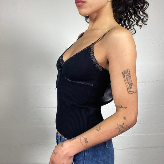 Vintage 2000's Summer Black Jersey Cami Top with Silky Ribbon Detail (S)