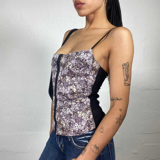Vintage 2000's Soft Girl Baby Purple Mini Floral Print Corset Closing Cami Top (S/M)