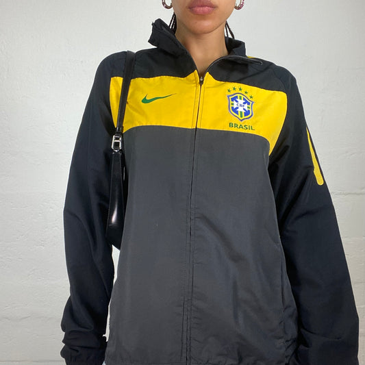 Vintage 2000’s Archive Nike Sporty Black and Grey Zip Up Windbreaker with Yellow Print Details (S)