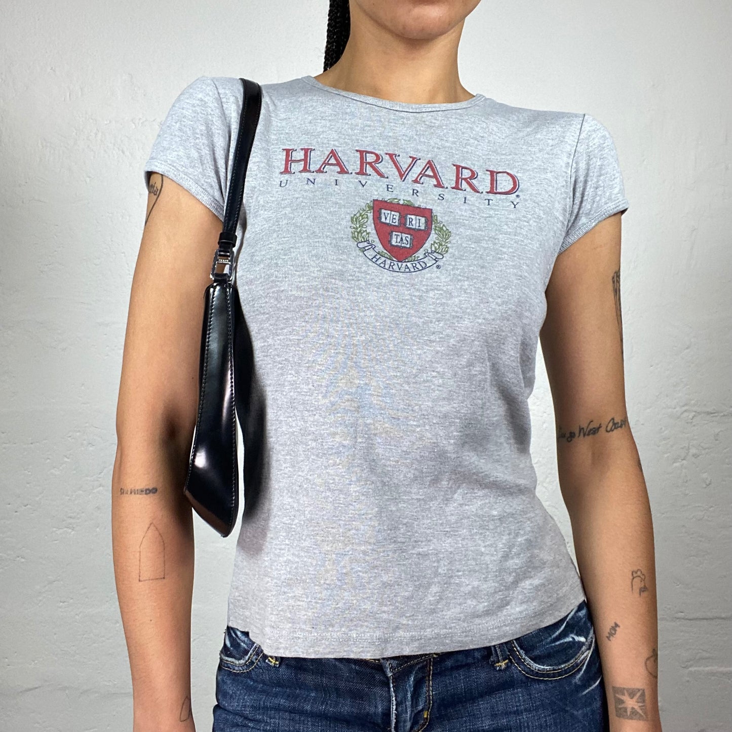 Vintage 2000's School Girl Light Grey Baby Tee with Harvard Red Print (S)
