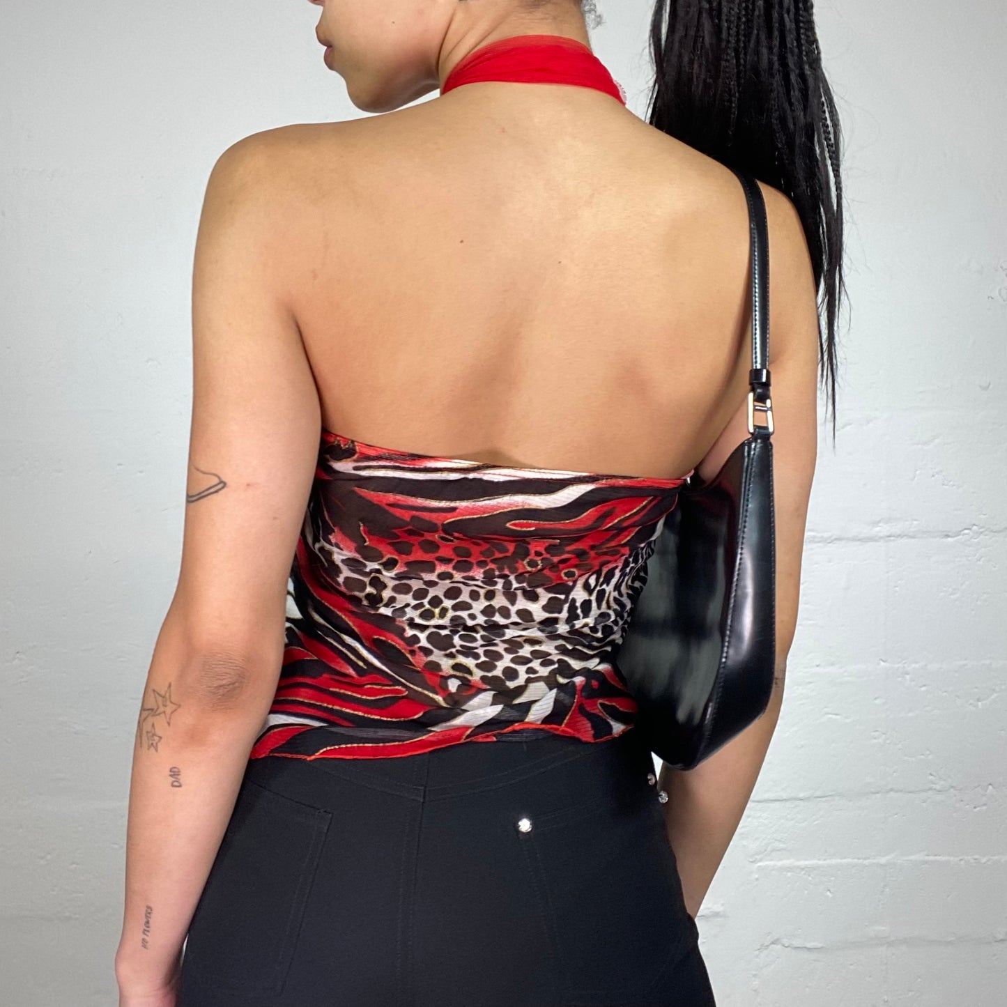 Vintage 2000's Fancy Blood Red Animal Printed Neckholder Top with Metal Ring Detail (S)