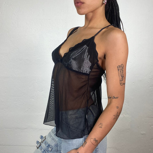 Vintage 2000’s Romantic Black Mesh Draped Cami Top with Shiny Silver Bra (S)