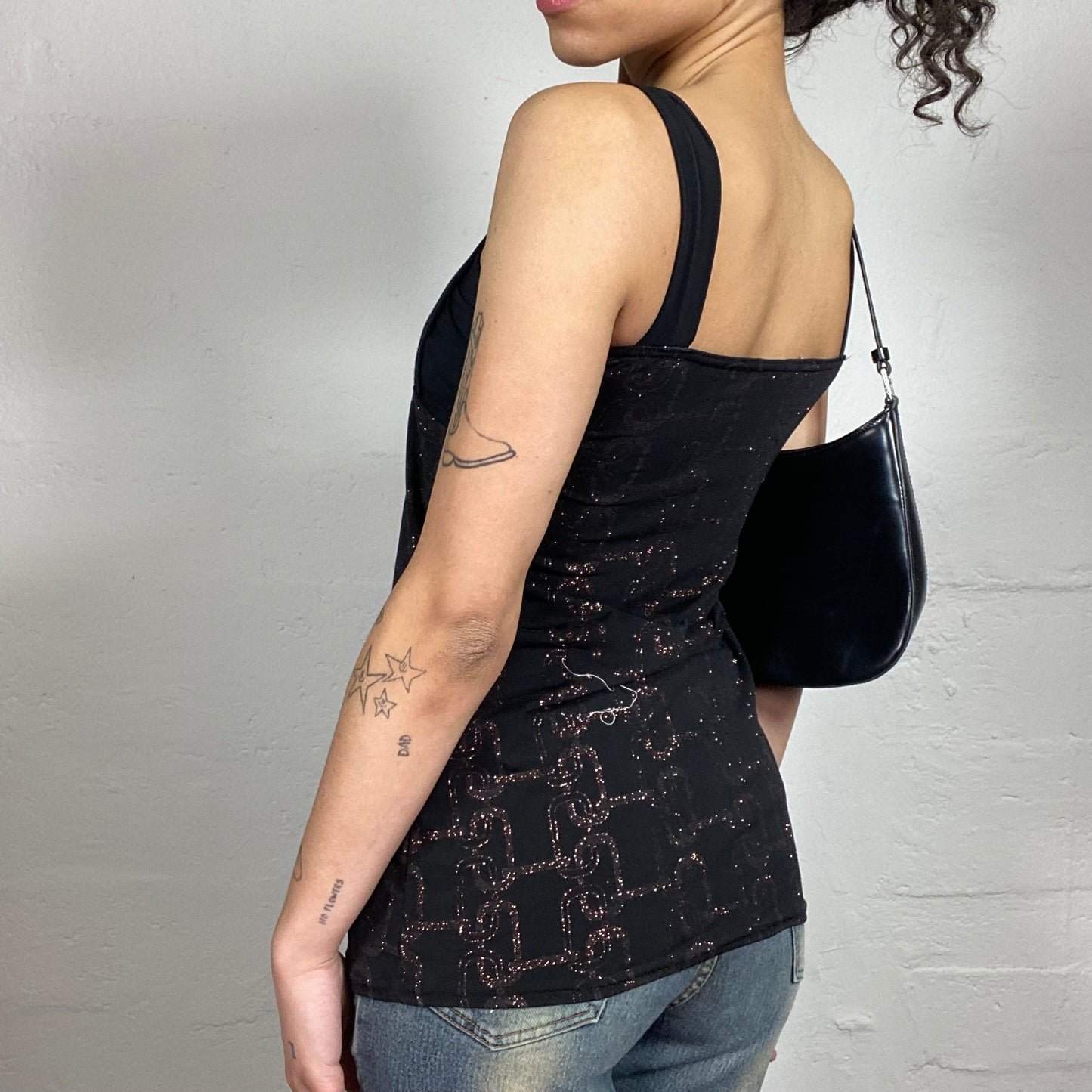 Vintage 2000's Clubwear Black Long Glitter Cami Top with Metal Square Ring Detail (M)