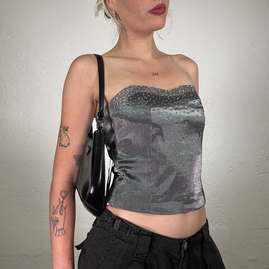 Vintage 2000's Glamorous Satin Silver Bustier Corset Top with Sequin Embroidery (S)