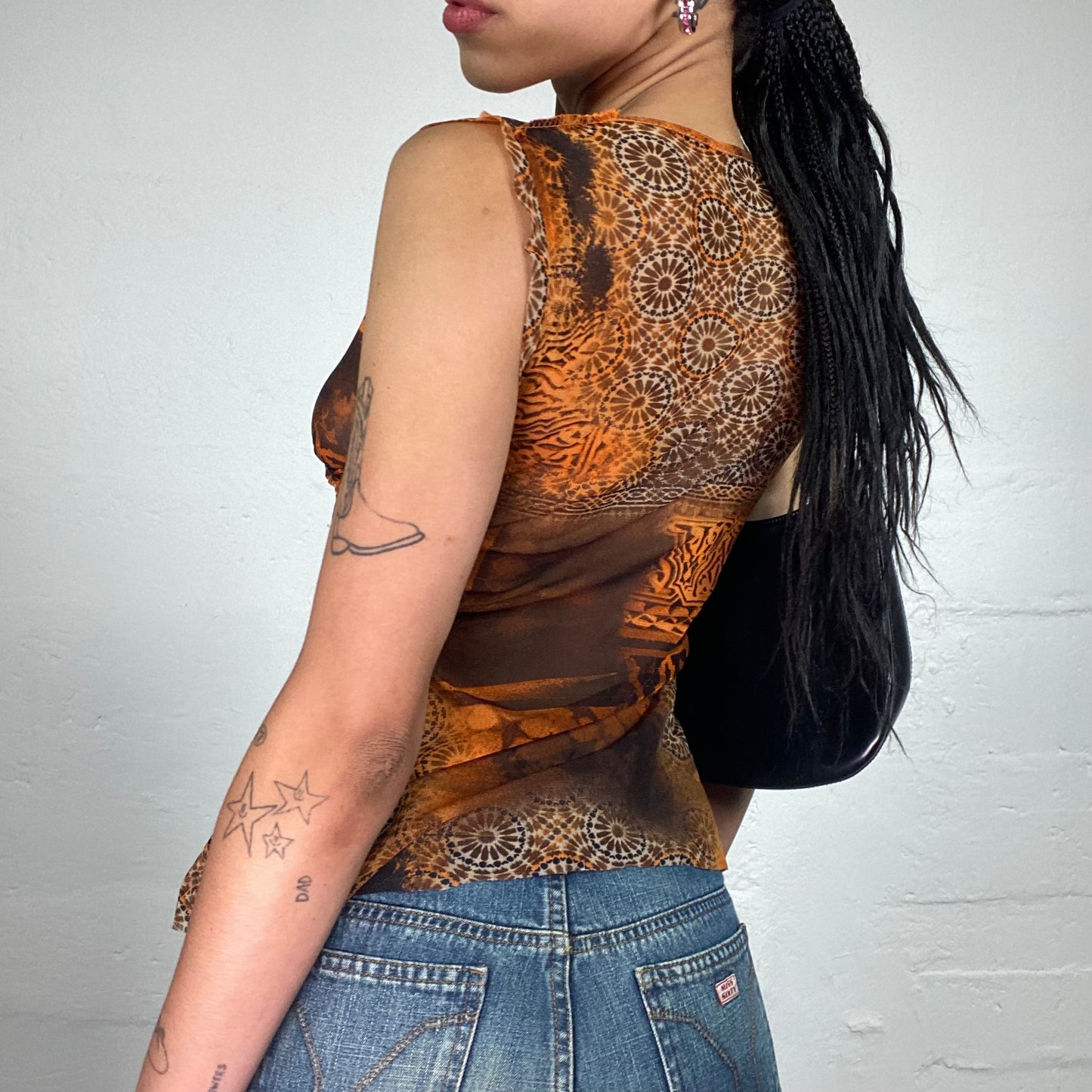 Vintage 2000's Boho Girl Faded Orange and Brown Printed Chiffon Sleeveless Top (S)