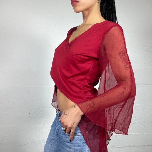 Vintage 2000's Romantic Red Wrap Up Flare Draped Mesh Sleeve Top (L)