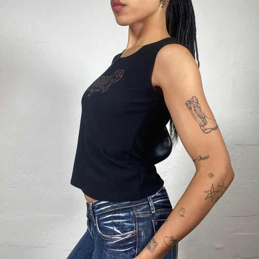 Vintage 2000's Biker Girl Black Classy Tank Top with Red Sparkly Angel Typo Print (L)