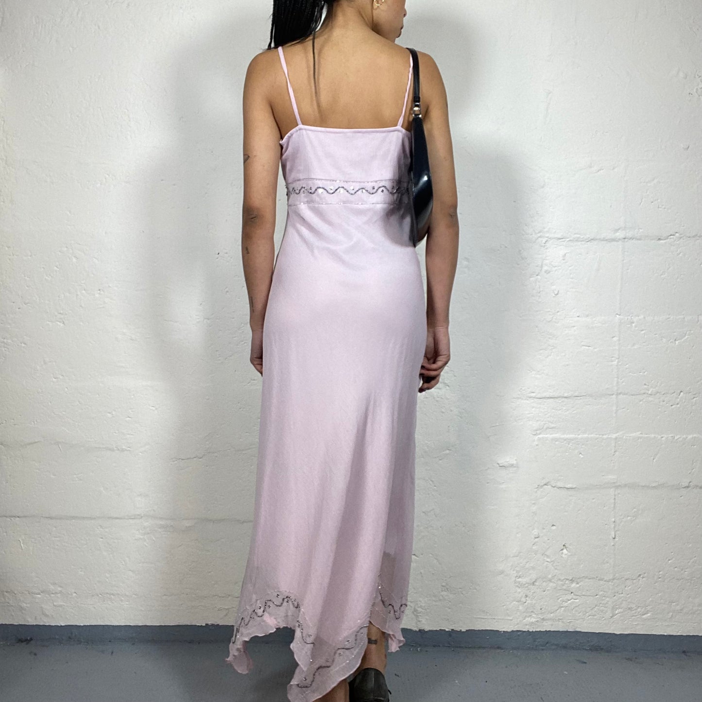 Vintage 2000's Princess Soft Pink Light Maxi Cami Dress with Sequin Embroidery (M)