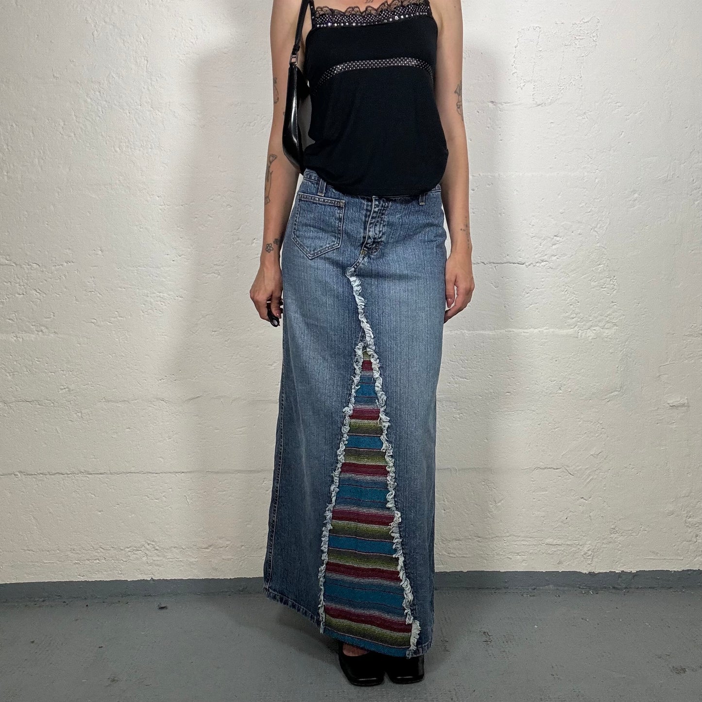Vintage 2000's Downtown Girl Denim Blue Midi Skirt with Hippie Striped Cut It (M)