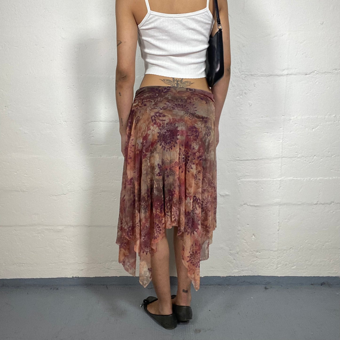 Vintage 2000's Boho Girl Dirty Pink and Purple Toned Printed Layered Chiffon Midi Skirt with Free Bottom Trim (S)