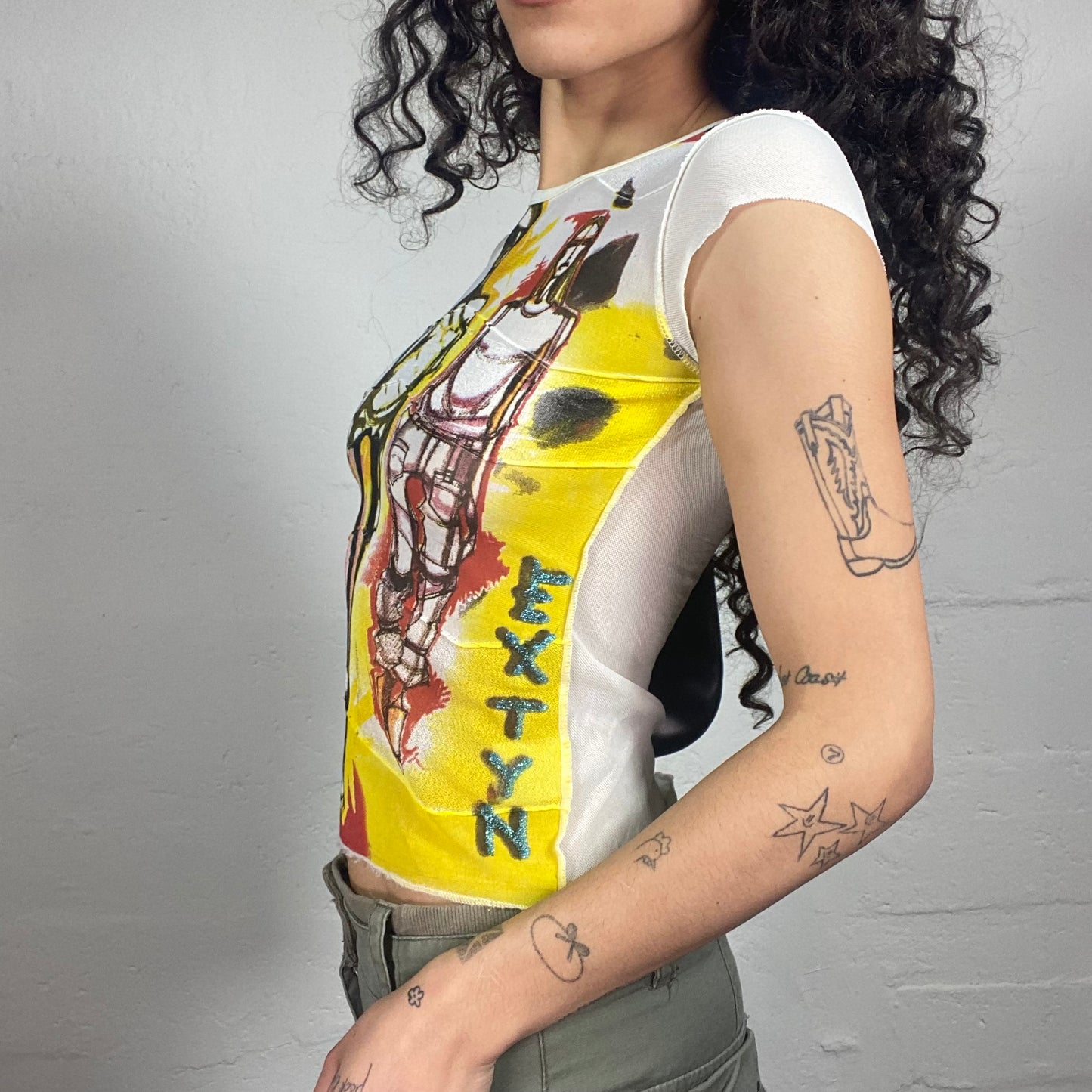 Vintage 2000's Summer Disco Multicoloured Print Tee with Micro Sleeves (S)
