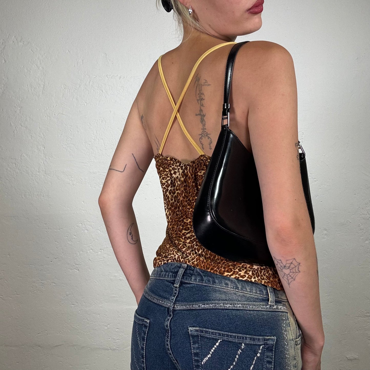 Vintage 2000's Cheetah Girl Yellow Toned Leo Printed Cami Top with Yellow Shoulder Stripes (S)