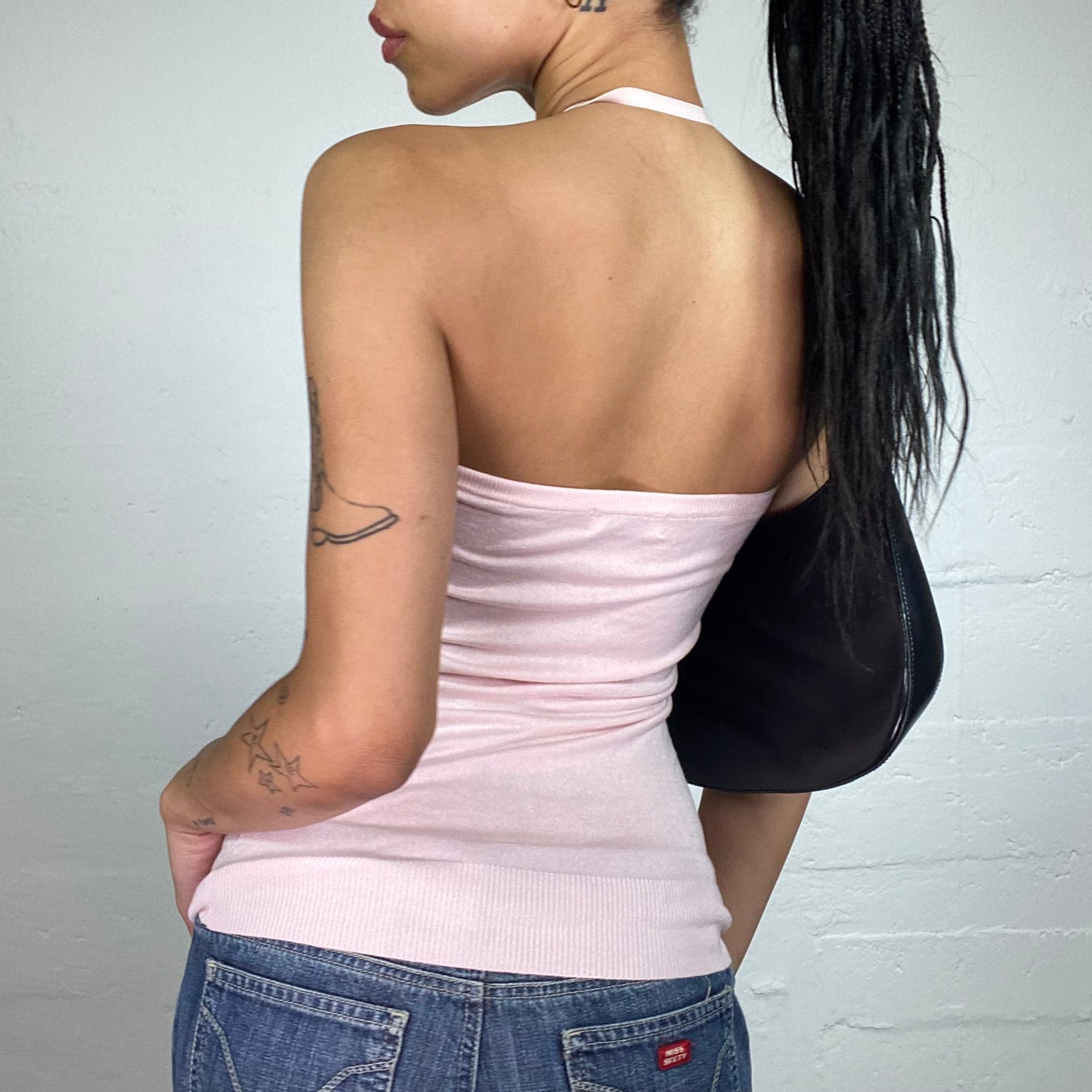 Vintage 2000's Guess Soft Girl Baby Pink Tube Cut Neckholder Typography Print Top (S)