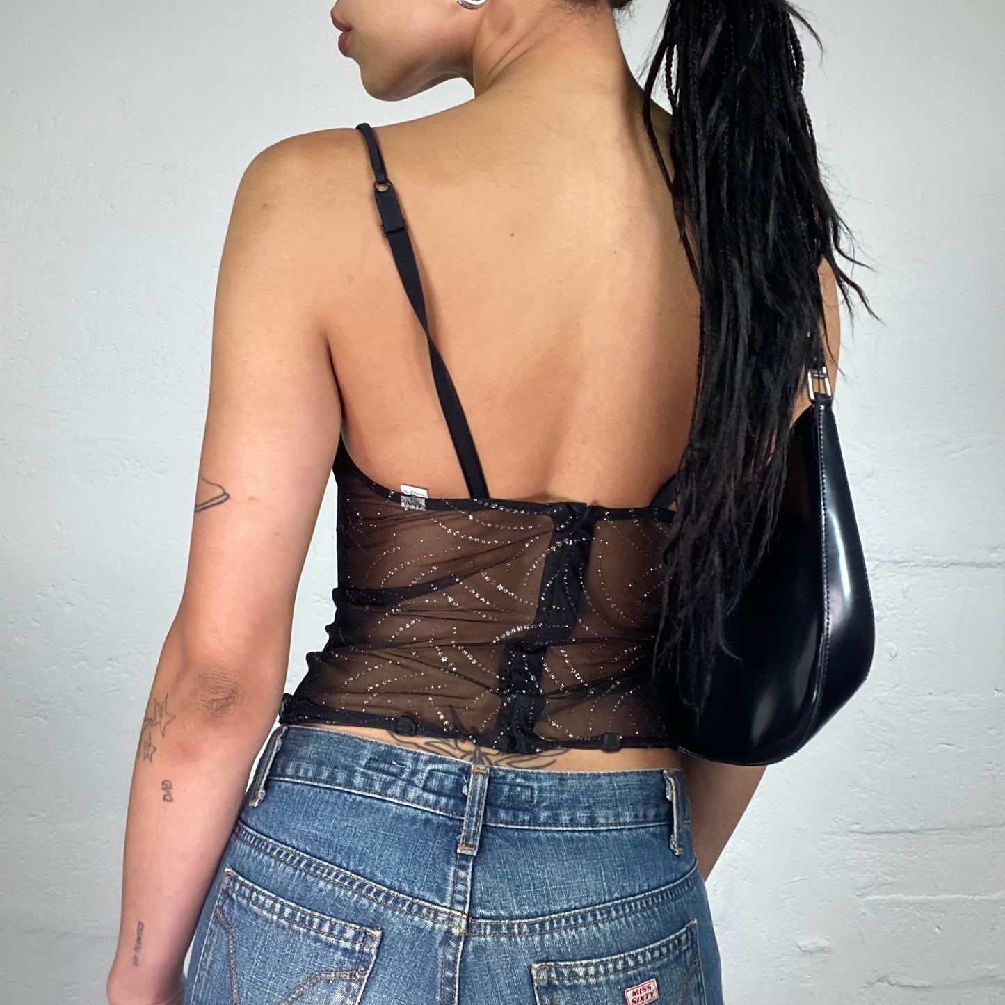 Vintage 2000's Night Out Mesh See Through Black Cami Top with Silver Shiny Print and Ruffled Trim (S)