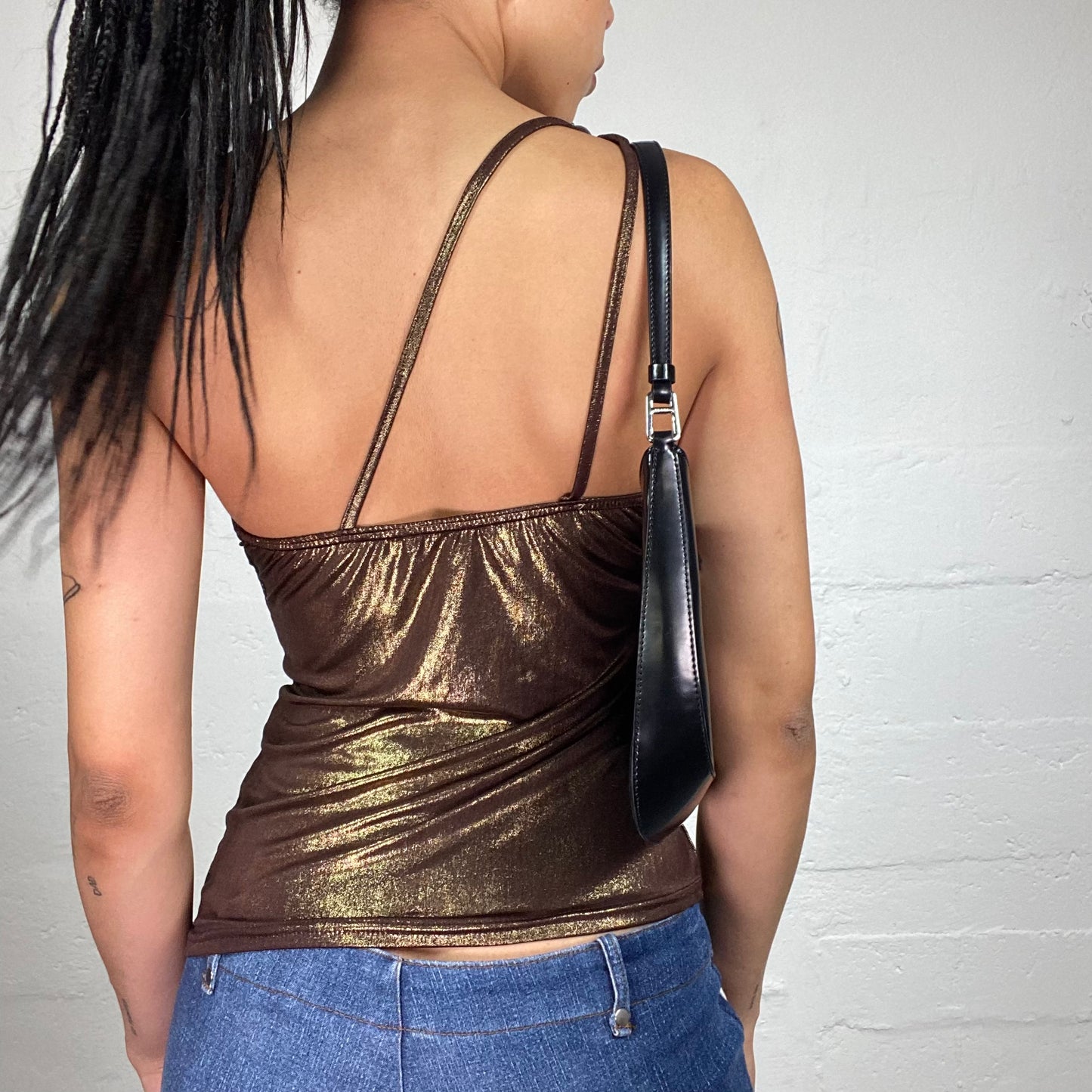 Vintage 2000's Glamorous Bronze Shiny One Shoulder Asymmetric Top with Shoulder Stripe Belt Detail (M)