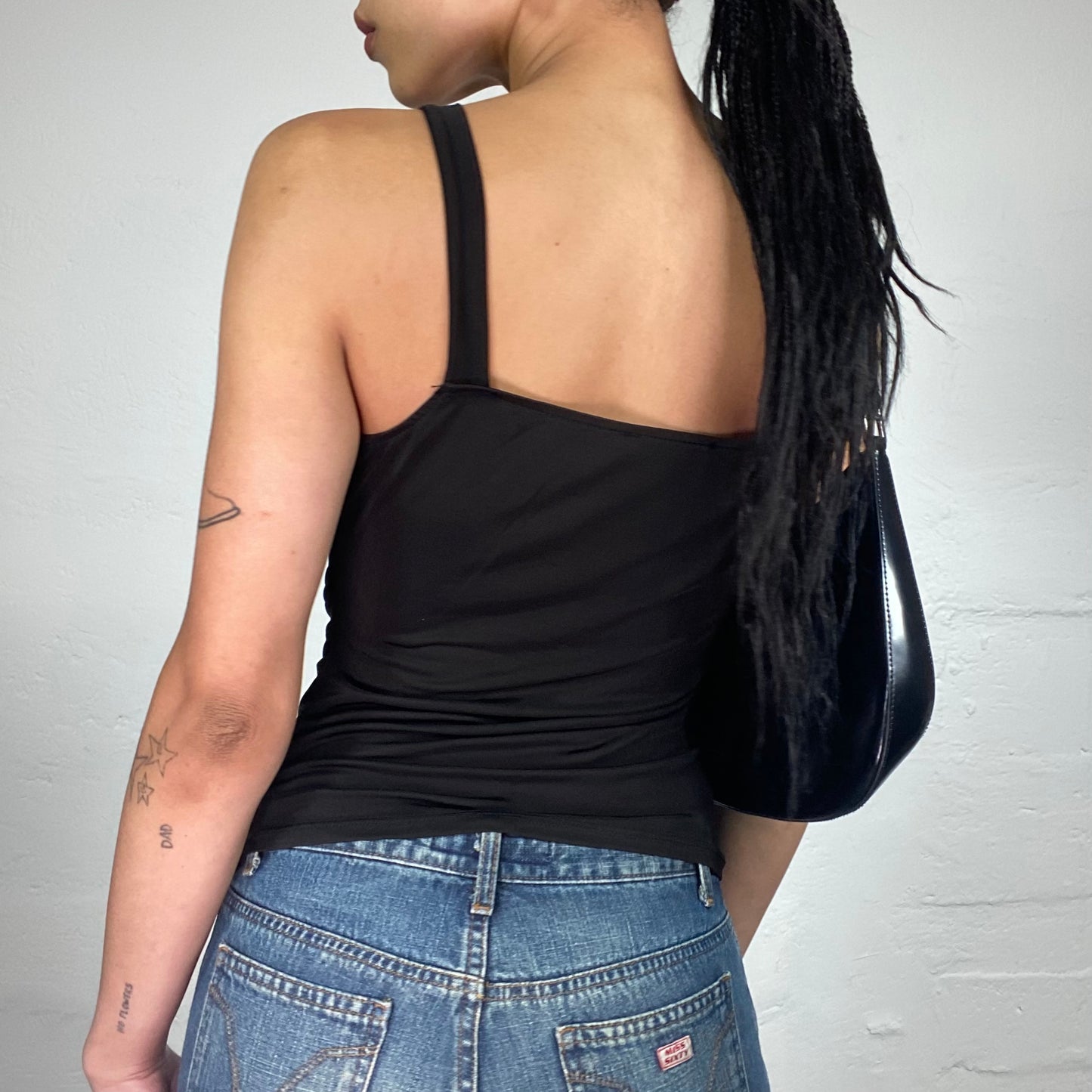 Vintage 2000's Clubwear Black Circle Neck Top with Transparent Ring Detail (M)