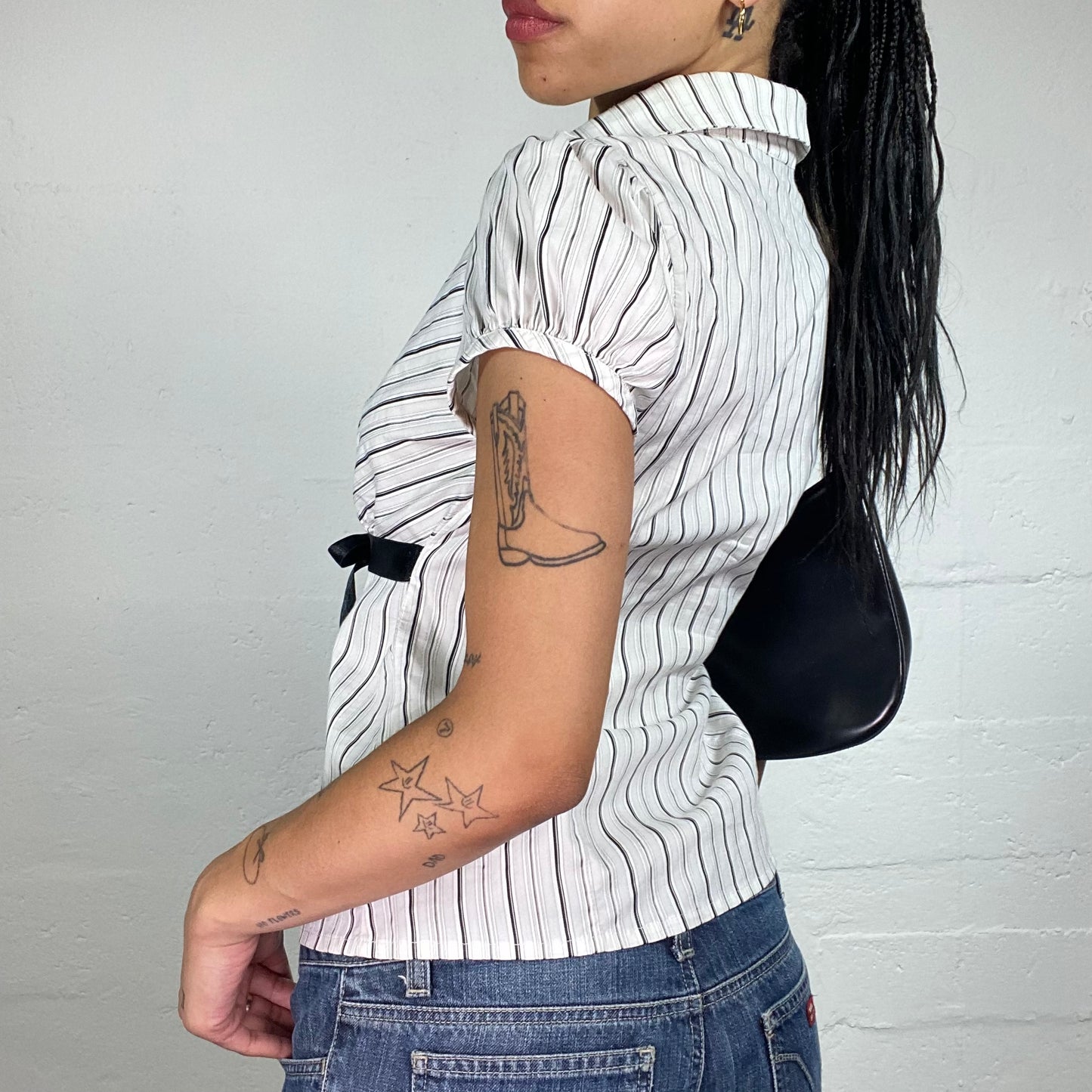 Vintage 2000's Office Girl White Striped Doll Fit Button Up Shirt with Black Binding Waist Band (M)