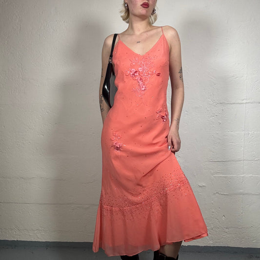 Vintage 2000's Summer Coral Chiffon Flowy Cami Midi Dress with Floral Embroidery (S)