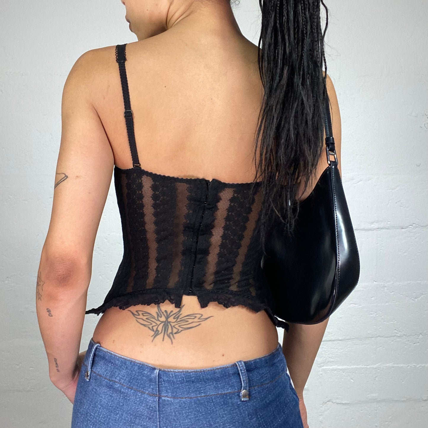 Vintage 2000's Goth Girl Black Lace Material Laced Up Corset Top (S)