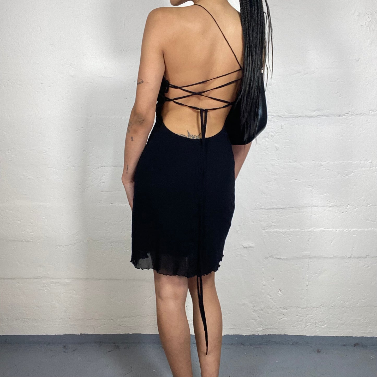 Vintage 2000's Night Out Summer Black Layered Classy Cami Dress with Cross Back Binding (S)