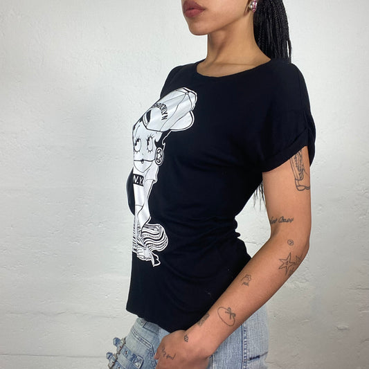 Vintage 2000’s Downtown Girl Hip Hop Black One Shoulder T-Shirt with Monotoned Betty Boop Print (S)