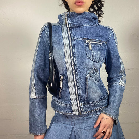 Vintage 2000's Biker Style Side Zipper Blue Denim Jackets with Pockets (M)